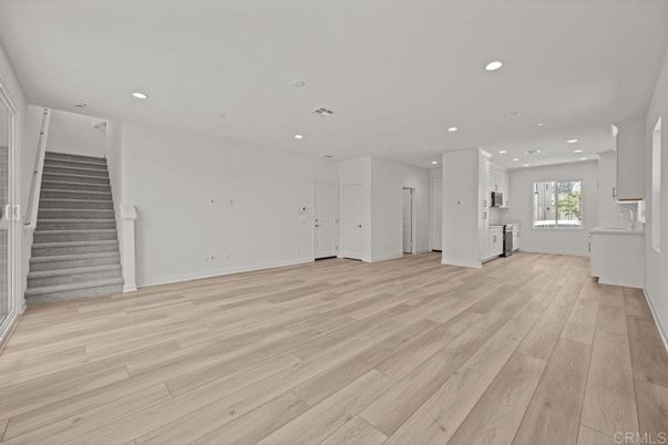 Empty room, Interior, Kitchen, Recessed Lighting, Wood Texture Flooring