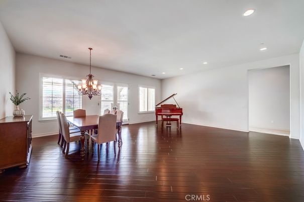 Chandelier, Dining room, Interior, Piano, Recessed Lighting, Wood Texture Flooring
