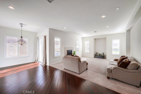 Fireplace, Interior, Living room, Pendant Lights, Recessed Lighting, Wood Texture Flooring