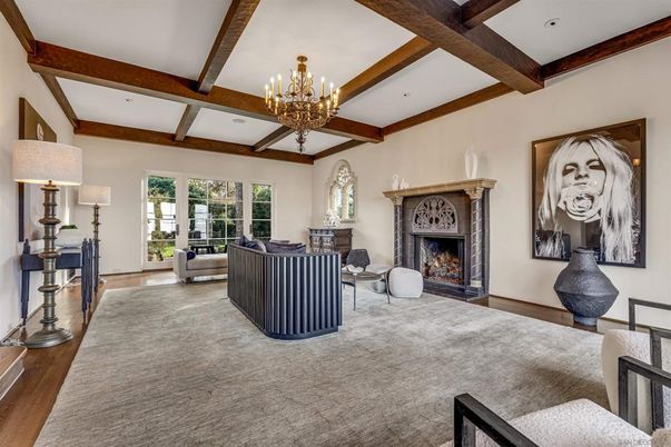 Chandelier, Fireplace, Interior, Living room, Recessed Lighting, Wooden Beams, Wood Texture Flooring