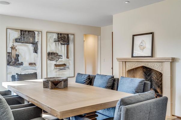 Dining room, Fireplace, Interior, Recessed Lighting
