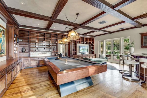 Billiard Table, Game Room, Interior, Pendant Lights, Recessed Lighting, Wooden Beams, Wood Texture Flooring