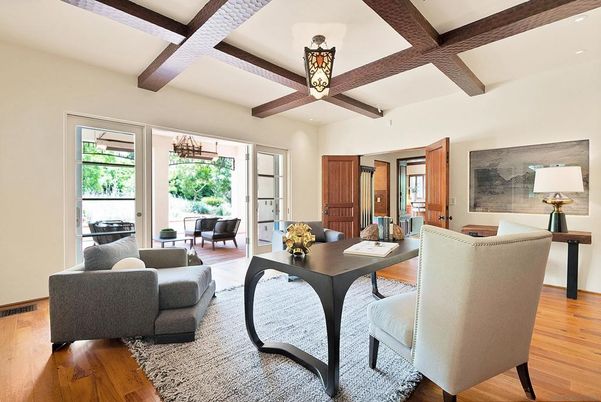 Interior, Living room, Recessed Lighting, Wooden Beams, Wood Texture Flooring