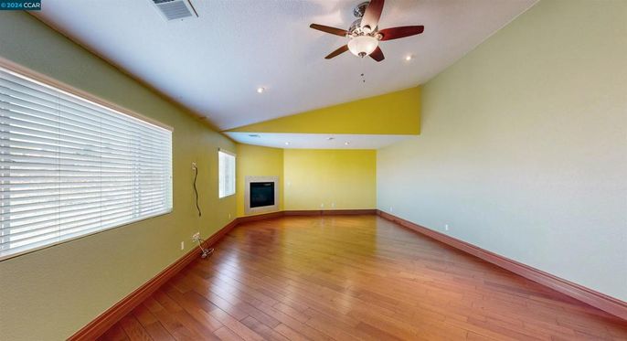 Empty room, Fireplace, Interior, Recessed Lighting, Wood Texture Flooring