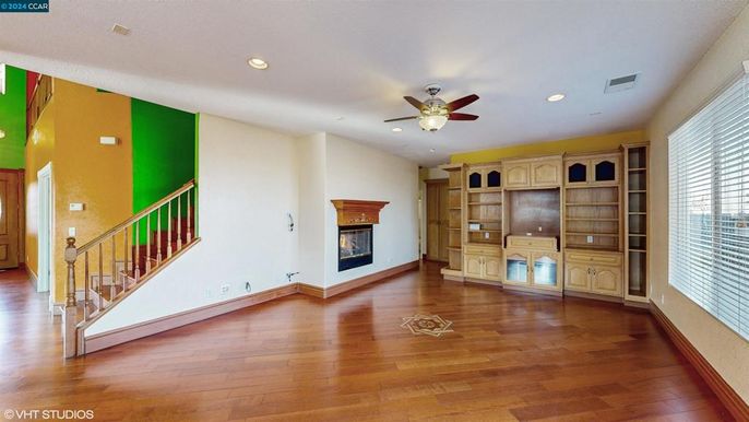 Empty room, Fireplace, Interior, Recessed Lighting, Wood Texture Flooring