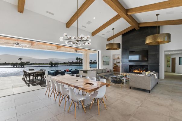 Dining room, Fireplace, Interior, Living room, Pendant Lights, Recessed Lighting, Water, Wooden Beams