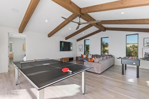 Game Room, Interior, Living room, Recessed Lighting, Wooden Beams, Wood Texture Flooring