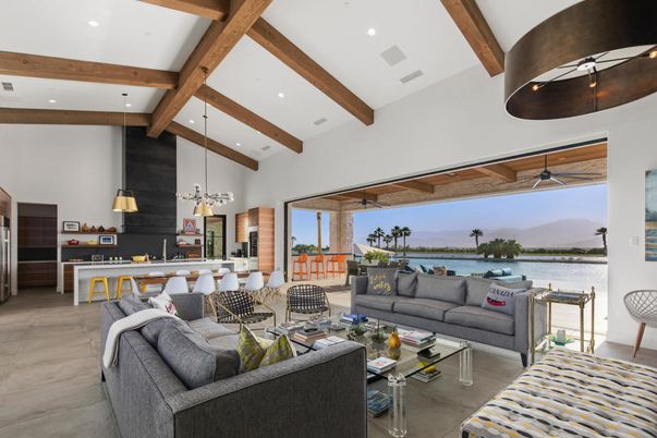 Interior, Living room, Pendant Lights, Recessed Lighting, Water, Wooden Beams