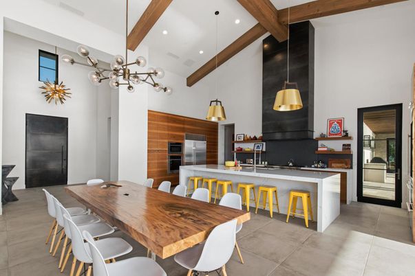 Dining room, Interior, Kitchen, Pendant Lights, Recessed Lighting, Stainless Steel Appliances, Wooden Beams