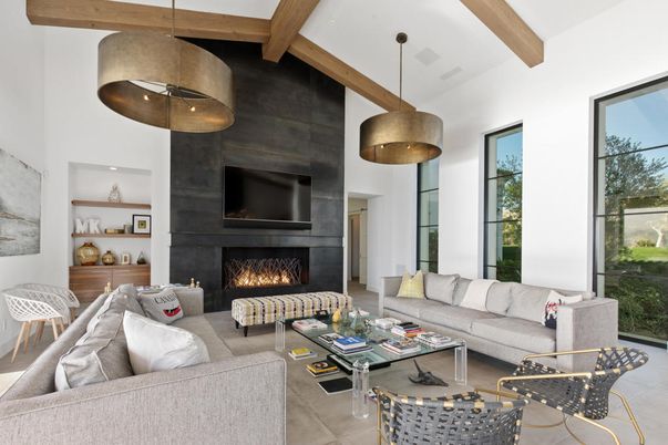 Fireplace, Interior, Living room, Pendant Lights, Wooden Beams