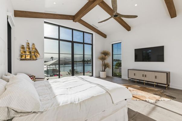 Bedroom, Interior, Recessed Lighting, Water, Wooden Beams