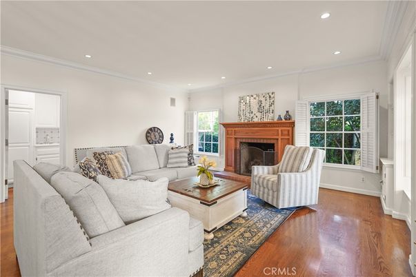 Fireplace, Interior, Living room, Recessed Lighting, Wood Texture Flooring