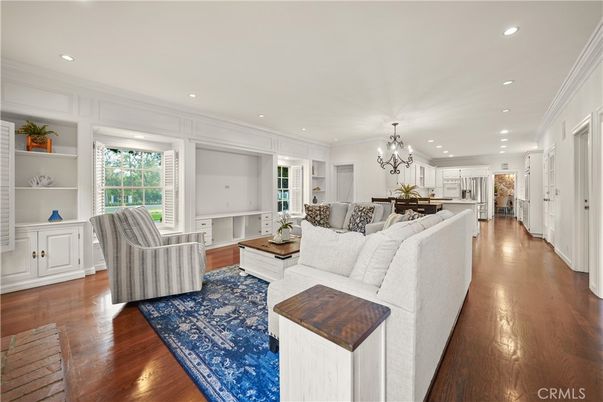 Chandelier, Interior, Kitchen, Living room, Recessed Lighting, Wood Texture Flooring