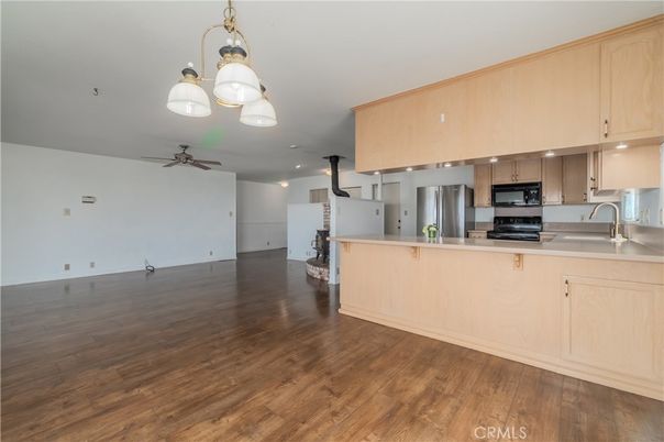 Interior, Kitchen, Pendant Lights, Stainless Steel Appliances, Wood Texture Flooring