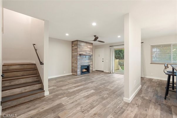 Empty room, Fireplace, Interior, Recessed Lighting, Wood Texture Flooring