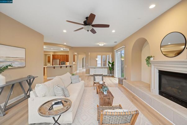 Fireplace, Interior, Kitchen, Living room, Recessed Lighting, Wood Texture Flooring
