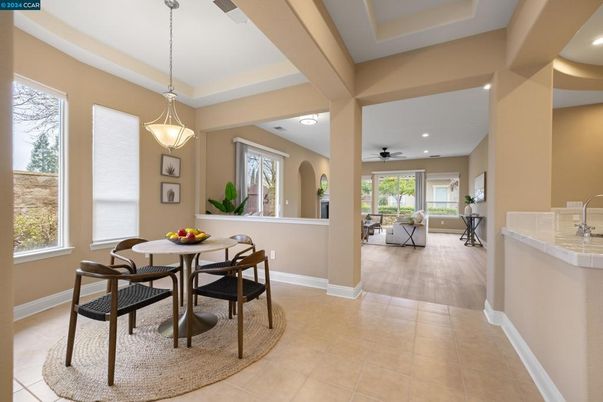 Dining room, Interior, Pendant Lights, Recessed Lighting, Wood Texture Flooring
