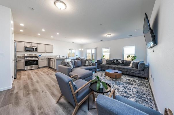 Dining room, Interior, Kitchen, Living room, Pendant Lights, Recessed Lighting, Stainless Steel Appliances, Wood Texture Flooring