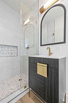Bathroom, Glass Shower, Interior, Marble Walls, Wood Texture Flooring