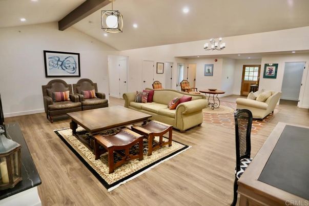 Chandelier, Dining room, Interior, Living room, Recessed Lighting, Wooden Beams, Wood Texture Flooring