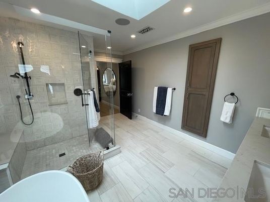 Bathroom, Glass Shower, Interior, Recessed Lighting, Wood Texture Flooring