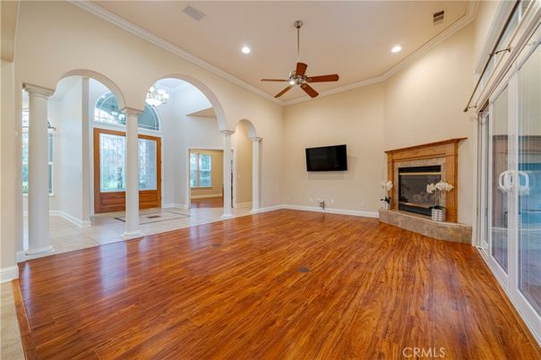 Empty room, Fireplace, Interior, Recessed Lighting, Wood Texture Flooring
