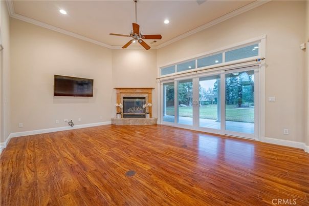 Empty room, Fireplace, Interior, Recessed Lighting, Wood Texture Flooring