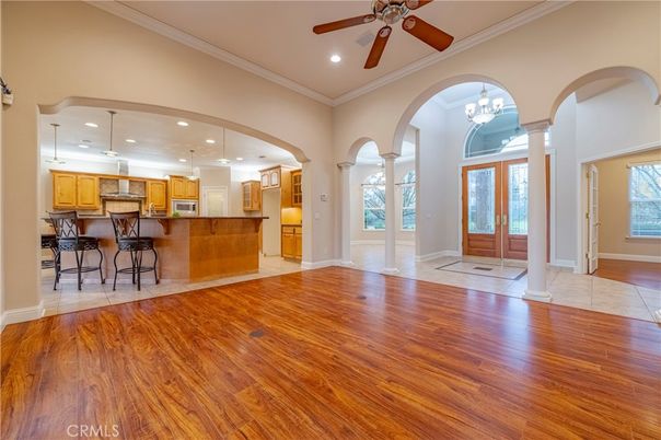 Chandelier, Empty room, Interior, Kitchen, Pendant Lights, Recessed Lighting, Wood Texture Flooring