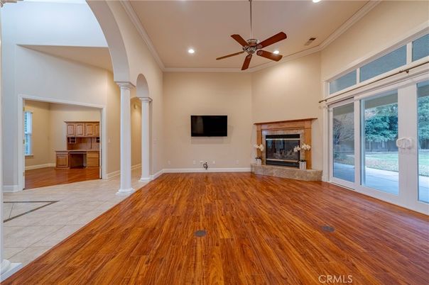 Empty room, Fireplace, Interior, Recessed Lighting, Wood Texture Flooring
