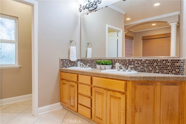 Bathroom, Dual Sink Vanities, Interior, Recessed Lighting, Tile Countertops