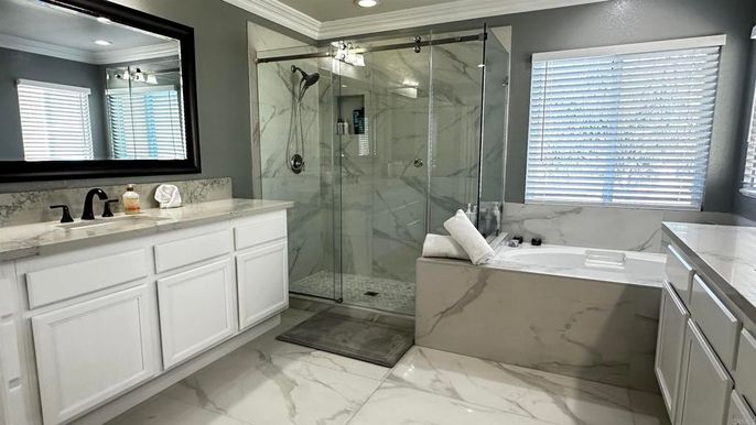 Bathroom, Glass Shower, Interior, Marble, Marble Walls, Recessed Lighting