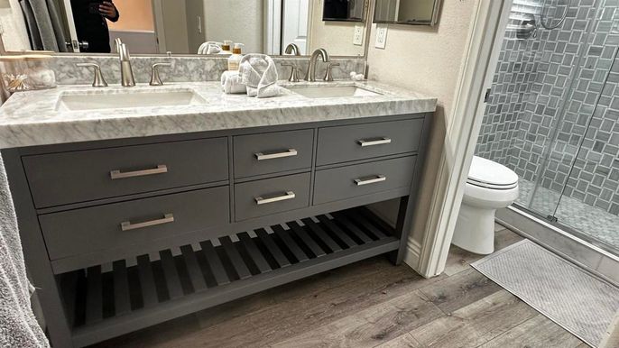 Bathroom, Dual Sink Vanities, Interior, Wood Texture Flooring