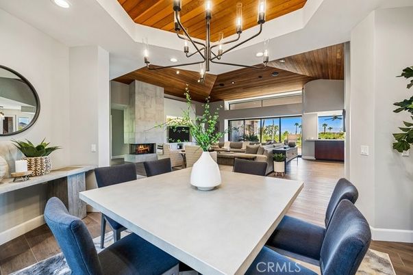 Dining room, Fireplace, Interior, Living room, Pendant Lights, Recessed Lighting, Wooden Beams, Wooden Ceilings, Wood Texture Flooring