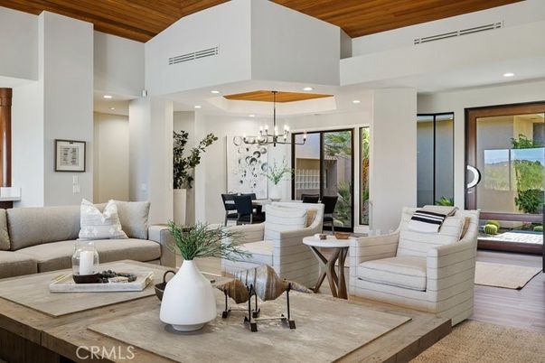Dining room, Interior, Living room, Pendant Lights, Recessed Lighting, Wooden Ceilings, Wood Texture Flooring