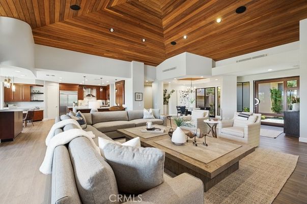 Dining room, Interior, Kitchen, Living room, Pendant Lights, Recessed Lighting, Stainless Steel Appliances, Wooden Ceilings, Wood Texture Flooring