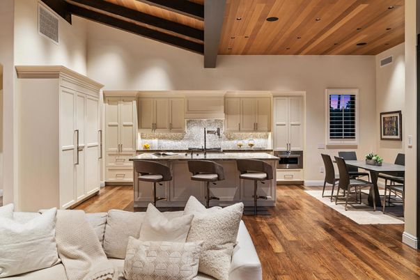 Dining room, Interior, Kitchen, Living room, Recessed Lighting, Wooden Beams, Wooden Ceilings, Wood Texture Flooring