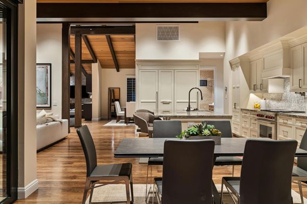 Dining room, Interior, Kitchen, Living room, Recessed Lighting, Stainless Steel Appliances, Wooden Beams, Wooden Ceilings, Wood Texture Flooring