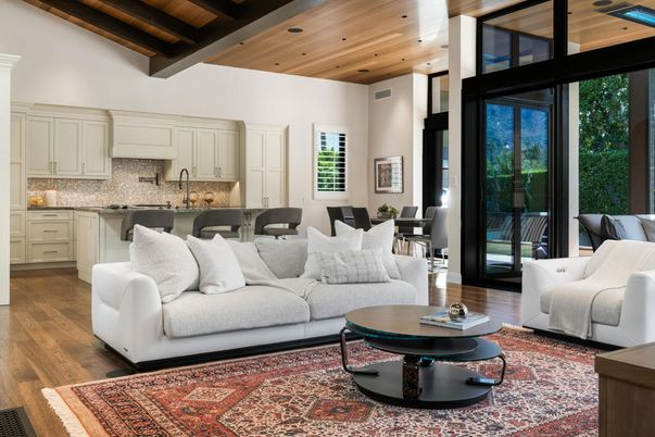 Dining room, Interior, Kitchen, Living room, Recessed Lighting, Wooden Beams, Wooden Ceilings, Wood Texture Flooring