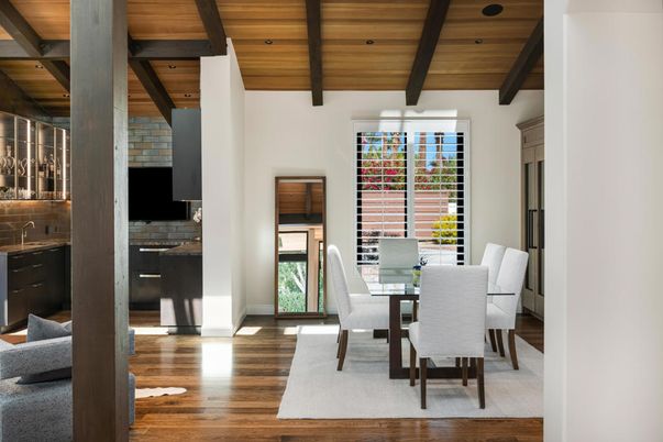 Dining room, Interior, Recessed Lighting, Wooden Beams, Wooden Ceilings, Wood Texture Flooring