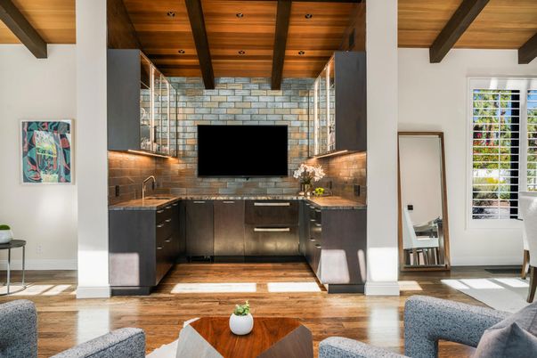 Interior, Kitchen, Living room, Recessed Lighting, Stone Walls, Wooden Beams, Wooden Ceilings, Wood Texture Flooring