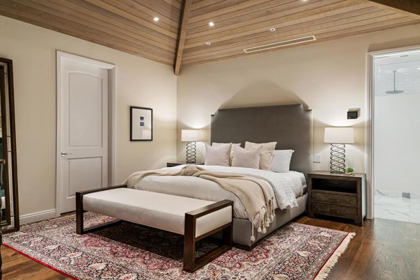 Bedroom, Interior, Marble, Recessed Lighting, Wooden Beams, Wooden Ceilings, Wood Texture Flooring