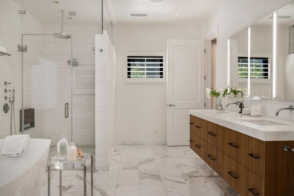 Bathroom, Dual Sink Vanities, Glass Shower, Interior, Marble, Recessed Lighting