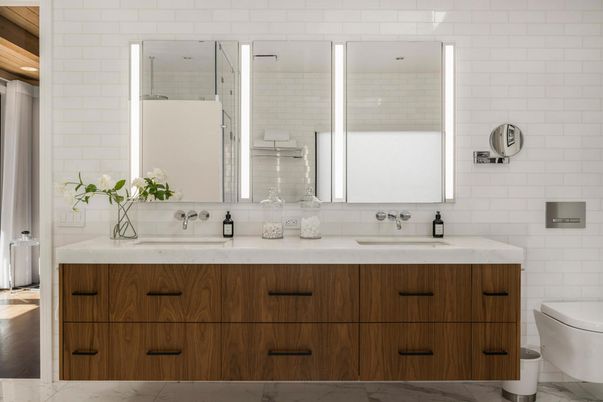 Bathroom, Dual Sink Vanities, Interior, Marble, Stone Walls