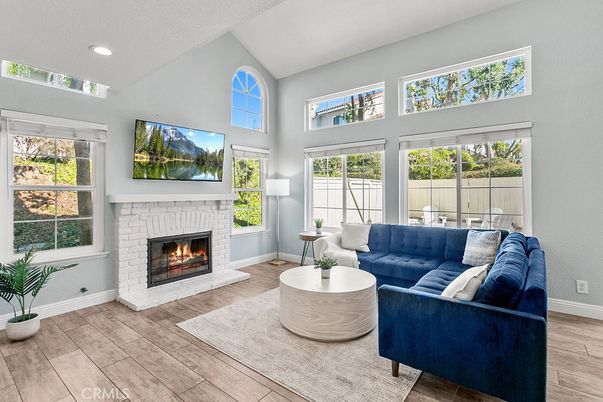 Fireplace, Interior, Living room, Recessed Lighting, Wood Texture Flooring