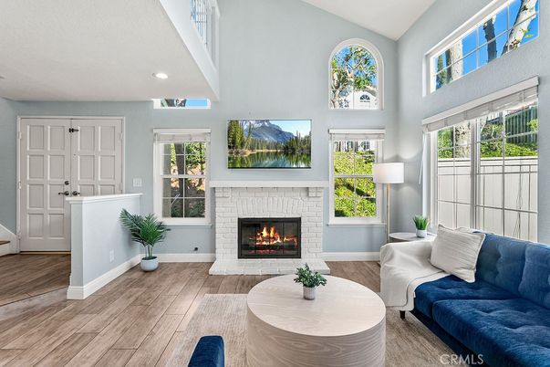 Fireplace, Interior, Living room, Recessed Lighting, Wood Texture Flooring