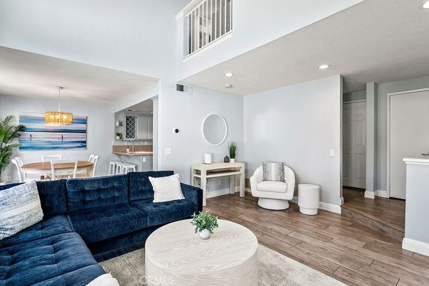 Dining room, Interior, Living room, Pendant Lights, Recessed Lighting, Wood Texture Flooring