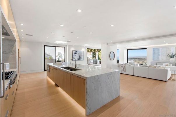 Interior, Kitchen, Living room, Marble Walls, Recessed Lighting, Stainless Steel Appliances, Wood Texture Flooring