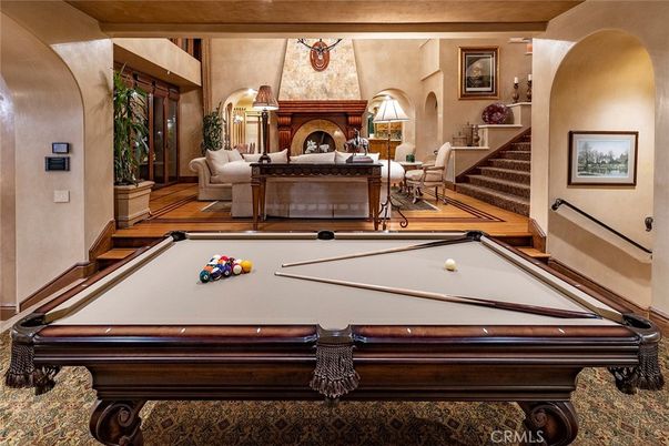 Billiard Table, Fireplace, Game Room, Interior, Wood Texture Flooring