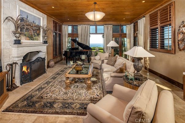 Fireplace, Interior, Living room, Piano, Recessed Lighting, Wooden Ceilings