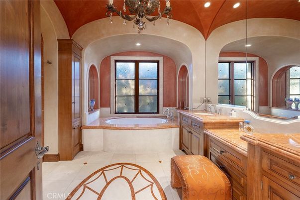 Bathroom, Chandelier, Dual Sink Vanities, Interior, Recessed Lighting